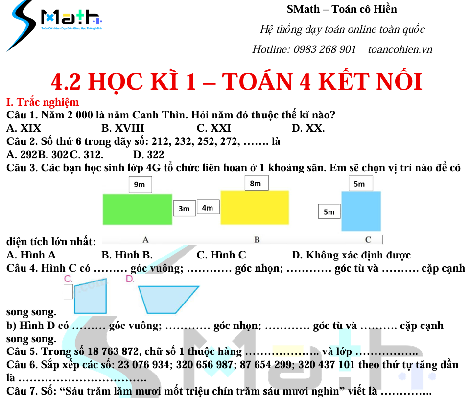 Đề học kì 1 số 2 - Toán 4