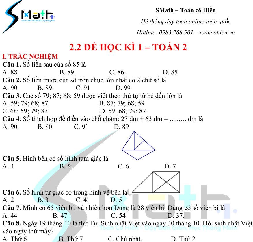 Đề học kì 1 số 2 - Toán 2